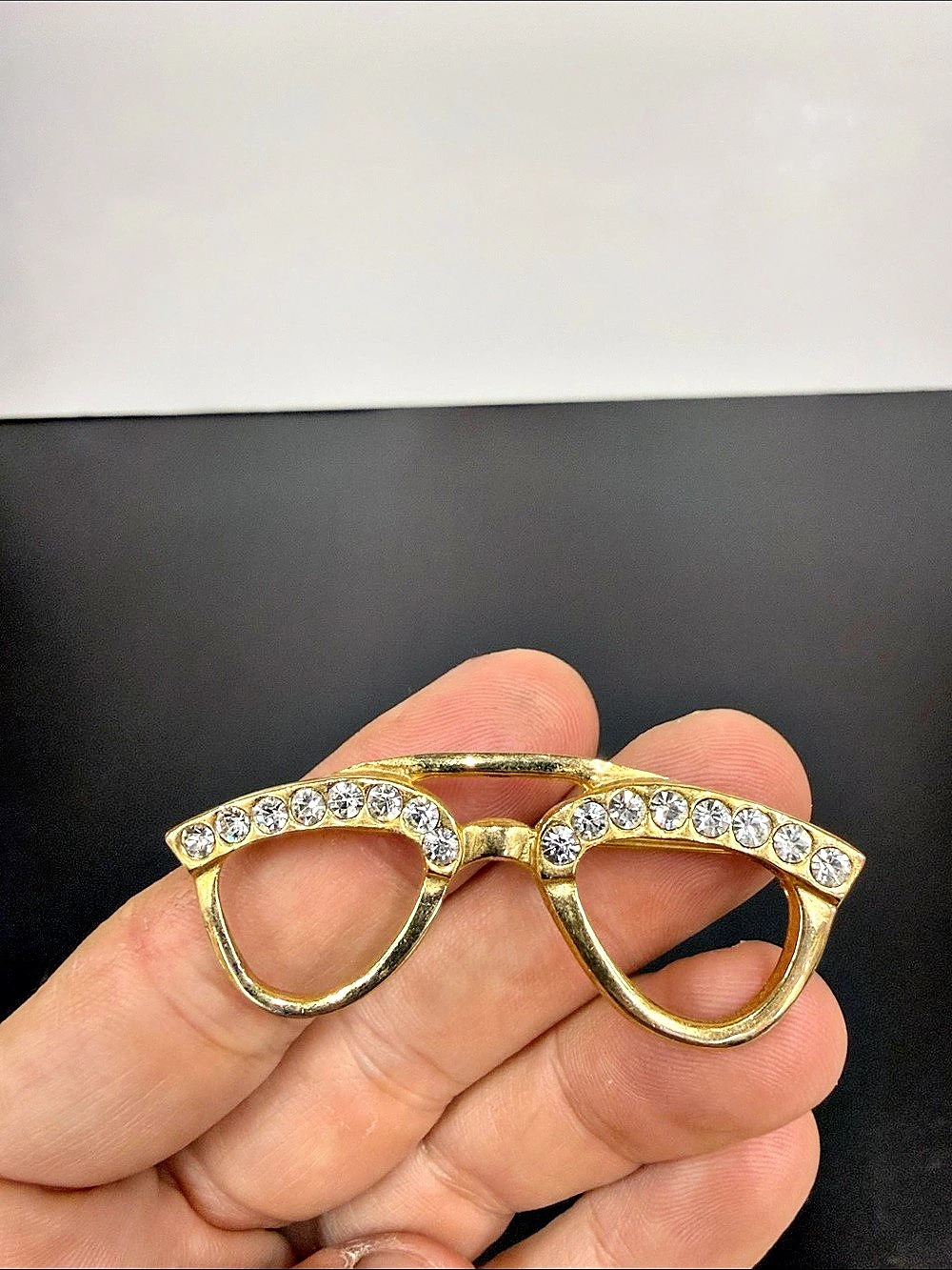 Vintage Rhinestone Eyeglasses Brooch Gold Tone Cat Eye Glasses Pin Costume Jewel